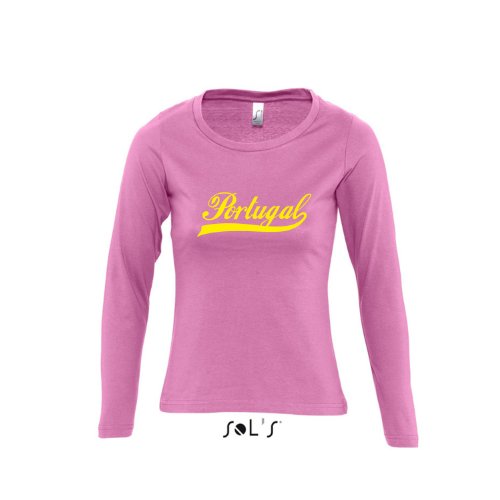 Portugal Oldschool LÄNDERSHIRT EM / WM FAN Trikot – Damen Langarm Longsleeve T-Shirt S-XL , Orchid pink – gelb , M
