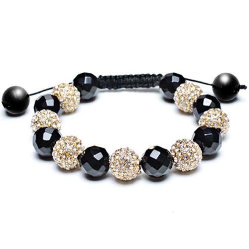 Bling Jewelry Black Onyx Bead Bracelet Shamballa Inspired Clear Gold Crystal 12mm