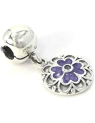 .925 Sterling Silver " Flower Clip Lock Dangle w/Stamp & Cubic Zirconia " Bead Compatible with Pandora Chamilia Kay Troll Bracelet