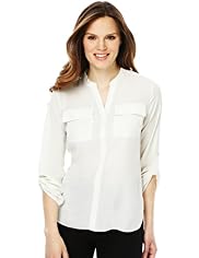 Petite Open Neck Collar Twin Flap Pockets Top