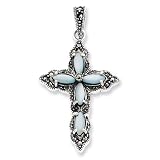 Sterling Silver Marcasite, Blue Mother of Pearl Cross Pendant