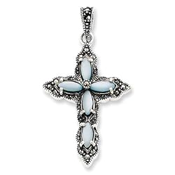 Sterling Silver Marcasite, Blue Mother of Pearl Cross Pendant