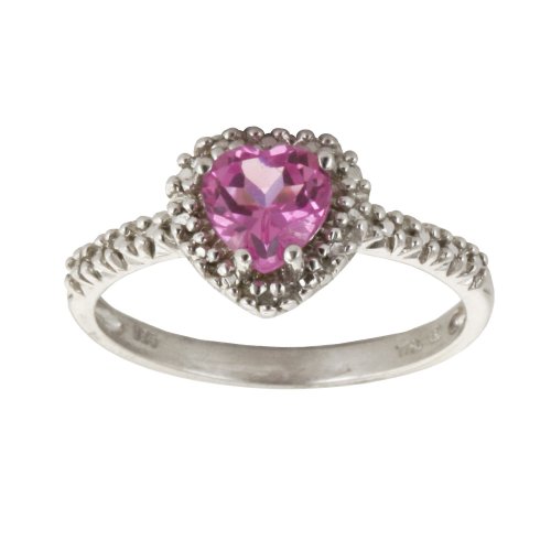 10k White Gold Heart Shaped Lab-Created Pink Sapphire and Diamond Ring