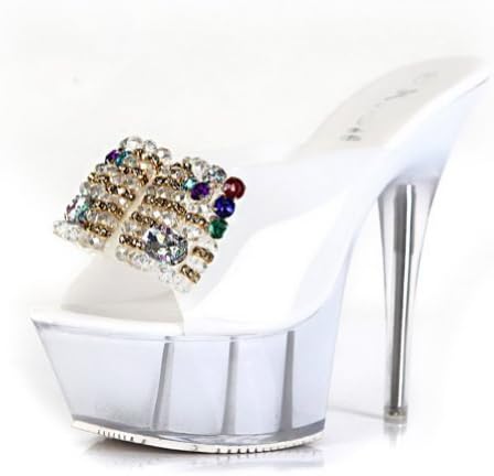 Kvoll Women's Candy Resin High Platform Crystal Heels Slippers with Bowknot and Rhinestones,White,38
