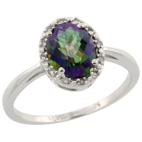 14k White Gold ( 8x6 mm ) Halo Engagement Mystic Topaz Ring w/ 0.048 Carat Brilliant Cut Diamonds & 1.35 Carats Oval Cut Stone, 7/16 in. (11mm) wide, size 9.5