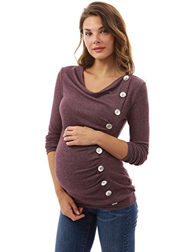 PattyBoutik Mama Cowl Neck Buttons Maternity Tunic Top (Heather Burgundy M)