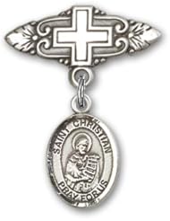 Sterling Silver Baby Badge with St. Christian Demosthenes Charm and Badge Pin with Cross