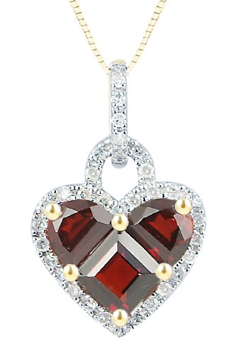 10k Yellow Gold Half Moon and Princess Garnet Stone Set and Diamond Heart Pendant (1/5 cttw, I Color, I2-I3 Clarity), 18