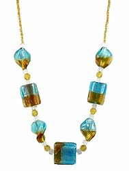 Necklace - N138 - Twists and Rectangle Murano Glass ~ Aqua & Topaz