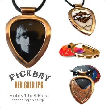 PICKBAY Red Gold IPG Guitar PICK Holder pendant w Licensed George Harrison Guitar pick (The Beatles) w 27' adjustable 2mm leather cord necklace