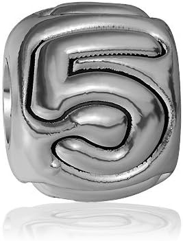 5 - Bead, Single Digit Number 5 Charm Bracelet Bead, Embossed, Complete Alphabet and Numbers Available, Solid Sterling Silver