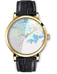 SPRAWL Aanalog Fashion Series Gold Ladies Watches of Genuine Black Leather Strap,Unique Wrist Watch for Women Girls Designed with Drawing a flower in spots