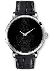 SPRAWL Aanalog Fashion Series Silver Ladies Watches of Genuine Black Leather Strap,Unique Wrist Watch for Women Girls Designed with Figure of a Chinese goddess