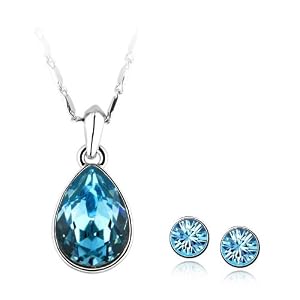 Parure Collier Goutte d'eau et Clous d'oreille en Cristal de Swarovski - Aquamarine