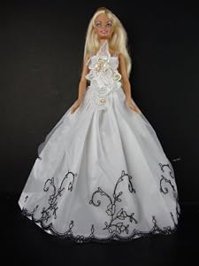 White Gown with Black Lace Trim At the Bottom Lace Covers Front of Gown Only Made to Fit the Barbie Doll