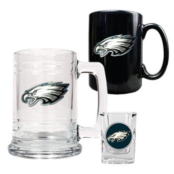 Philadelphia Eagles NFL Glass Tankard Beer Mug / Ceramic Coffee Mug / Square Shot Glass 3-Piece Set