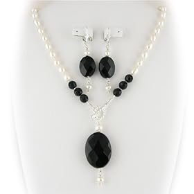 Faceted Black Onyx Gemstone Pendant and Pearl Lariat�Necklace Earrings ne972