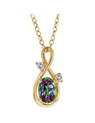 1.03 Ct Oval Green Mystic Topaz and Topaz Gold Plated Silver Pendant 18" Chain