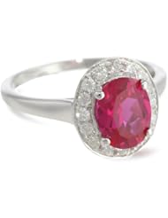 14k White Gold Created Oval Gemstone with Diamond Halo Ring