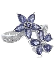 Sterling Silver Iolite and Simulated Diamond Flower Bypass Ring, Size 7