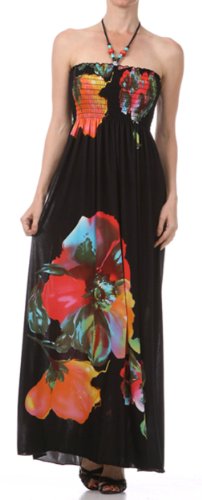Floral on Solid Black Graphic Print Beaded Halter Smocked Bodice Long / Maxi Dress ( 2 Colors ) online