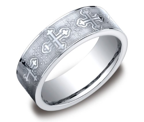 Mens Cobalt 7mm Comfort Fit Wedding Band Ring with Small and Large Cross Designs, Size 8.5