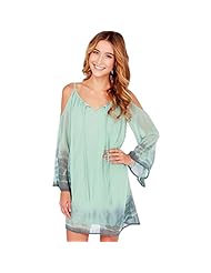 V-neck Shift Summer Chiffon Sheer Tie Dye Print Long Sleeves Off the Shoulder Mini Dress 