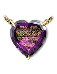 Gold Filled Heart Pendant - I Love You Jewelry Inscribed in 120 Languages on Purple Amethyst Cubic Zirconia Gem - Wedding Gift Ideas for Her