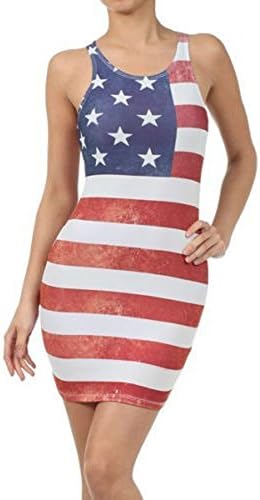 Red Lime Sunday Weathered American Flag July 4th Bodycon Tank Mini Dress (Medium)