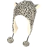 Faux Fake Fur Animal Print Cheetah Trooper Trapper Fleece Ski Pom pom Hat Black