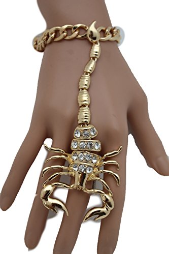 TFJ Women Fashion Jewelry Hand Chain Metal Long Scorpion Wrist Bracelet Slave Ring Gold