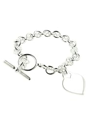 Heavy Sterling Silver Rolo Heart Charm Toggle Bracelet - 7"