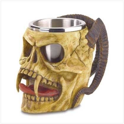 Gothic Skull Tankard Horns Mug Steel Cup Fangs Goblet