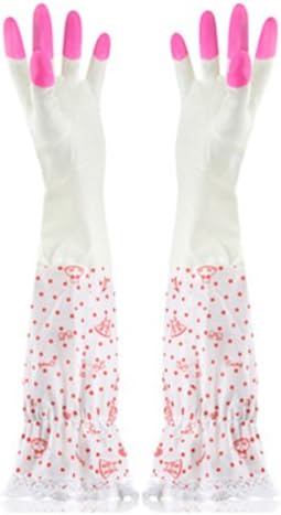 1 Pair Pink Color Lengthen Household Reusable Waterproof Cotton Inner Dishwashing Latex Gloves for Winter Kitchen Dish Washing Laundry Cleaning