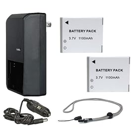 Canon Powershot SD4500 IS High Capacity Batteries (2 Units) + AC/DC Travel Charger + Krusell Multidapt Neck Strap (Black Finish)