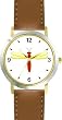 Red Body & Yellow Winged Dragonfly or Dragon Fly - JP - WATCHBUDDY&reg; DELUXE TWO-TONE THEME WATCH - Arabic Numbers - Brown Leather Strap-Size-Women's Size-Small