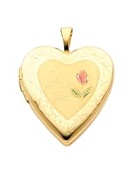 14K Yellow Gold Flower Enamel Engraved Heart "I Love You" Locket Pendant (0.8" Inches or 20mm)