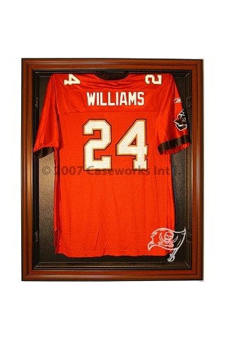 Tampa Bay Buccaneers Football Jersey Display Case with Removable Face and Classic Wood Finish Frame