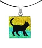 Sterling Silver Dichroic Glass Multi-Color Cat Pattern Square-Shaped Pendant on Stainless Steel Wire, 18