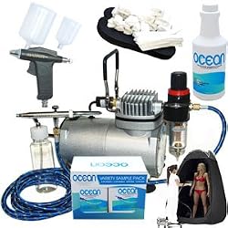 Complete Professional Turbo Tan Airbrush Sunless Tanning System with both a Single-Action Suction Feed Airbrush and a Trigger Style Gravity Feed Airbrush Gun plus a Pint of 8.5% DHA Solution with Medium Bronzer, a 4 Solution Variety Pack (1 Pint Total), a Tanning Tent and an Accessories Kit