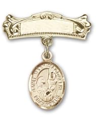 14K Gold Baby Badge with St. Mary Magdalene Charm and Arched Polished Badge Pin