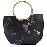 Bamboo Handle Synthetic Silk Plum Blossom Branch Handbag - Black
