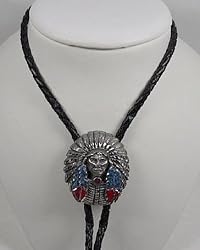 Turquoise / Coral Diamond Cut Pewter Indian Chief Bolo Tie