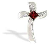 14K White Gold Genuine Square Garnet and Diamond Cross Pendant