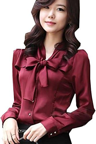 Yaslnn Women's Satin Tops Flouncing Blouse Button Ruffle Bowknot Shirt Wine M