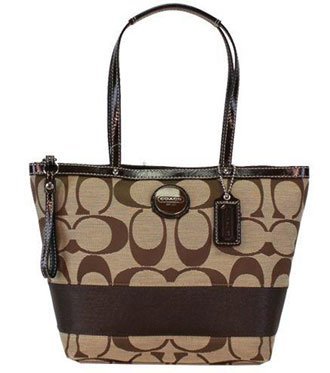 Coach Signature Stripe Shopper Bag Tote Khaki Mahogany - Coach 17433KHA