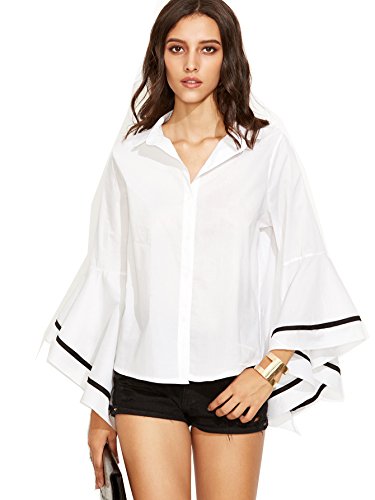 SheIn Women's Contrast Trim Bell Sleeve Shirt Blouse Top