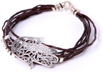 NanoStyle - Sterling Silver Hamsa - Handmade Leather Wrap Bracelet - Metallic Brown Leather Color