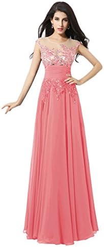 Diyouth 2015 Luxury Long Chiffon Illusion Lace Flower Prom Dress Coral Size 2