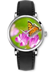 SPRAWL Aanalog Fashion Series Silver Ladies Watches of Genuine Black Leather Strap,Unique Wrist Watch for Women Girls Designed with Butterfly pink flowers